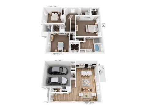 A floor plan of a two-story home with dimensions and a car garage.